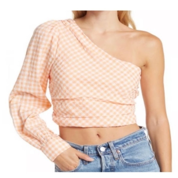 Elodie Tops - NWT Elodie Orange Gingham One Shoulder Cropped Blouse